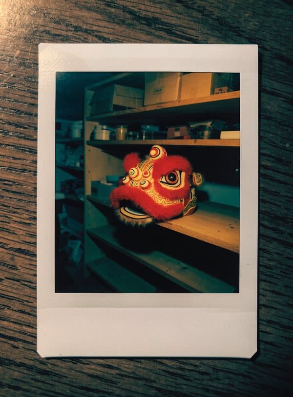 Polaroid av ett lejonhuvud för lejondans på en hylla i en verkstad