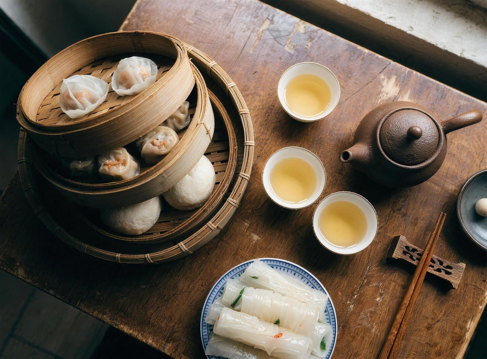 Yum cha-frukost ovanifrån med bambukorgar, tekanna och risnudelrullar