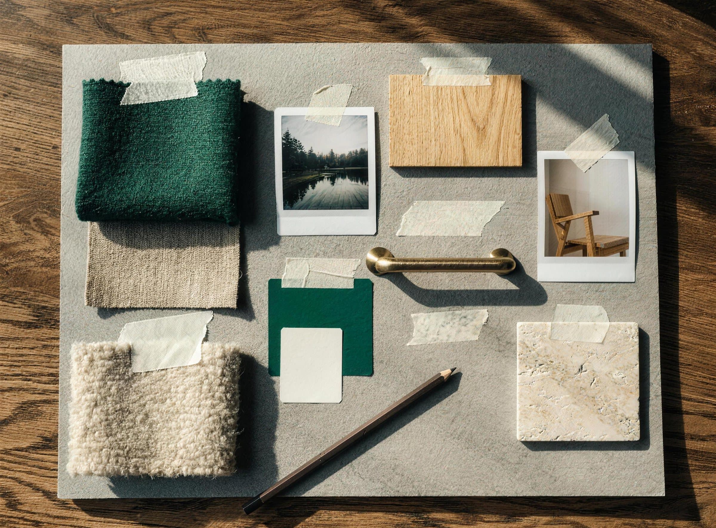 Moodboard för hotellobby: grön ull, linne, bouclé, ek, mässing och travertin