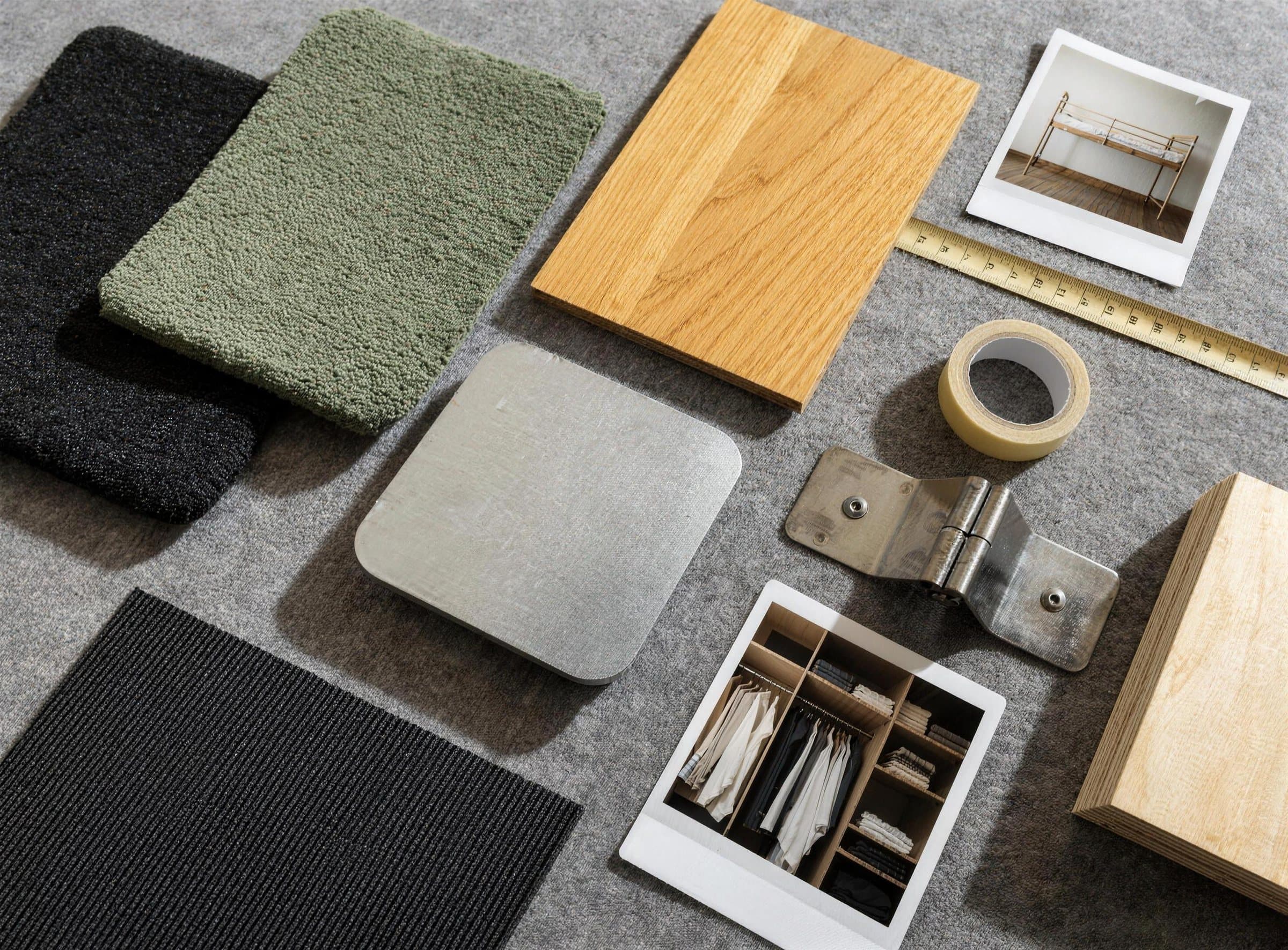 Moodboard för personalboende: slitstarka tyger, laminat i ekdekor, pulverlackerat stål och gummigolv