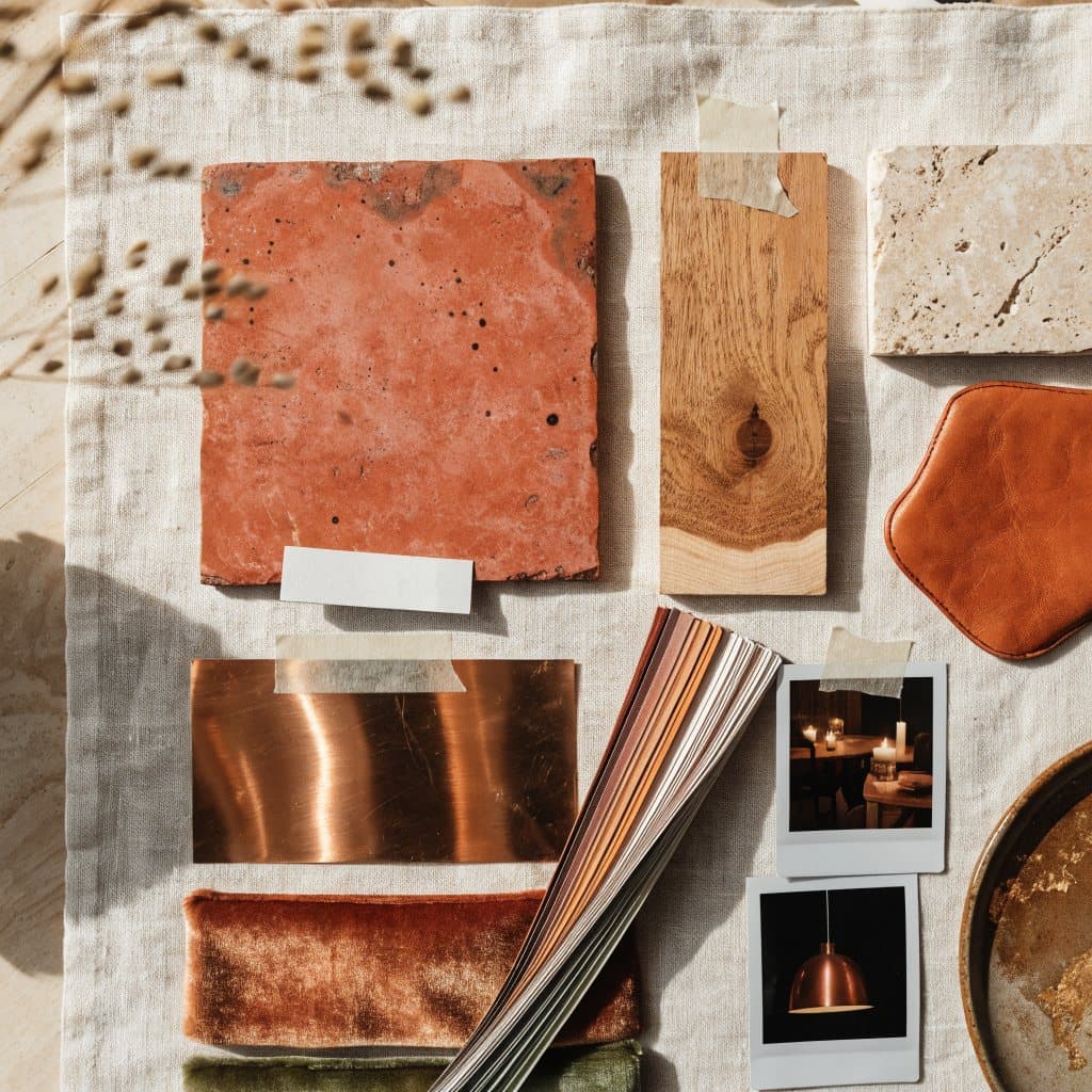 Moodboard för restaurang: terrakotta, rökt ek, travertin, konjaksfärgat läder, koppar och sammet