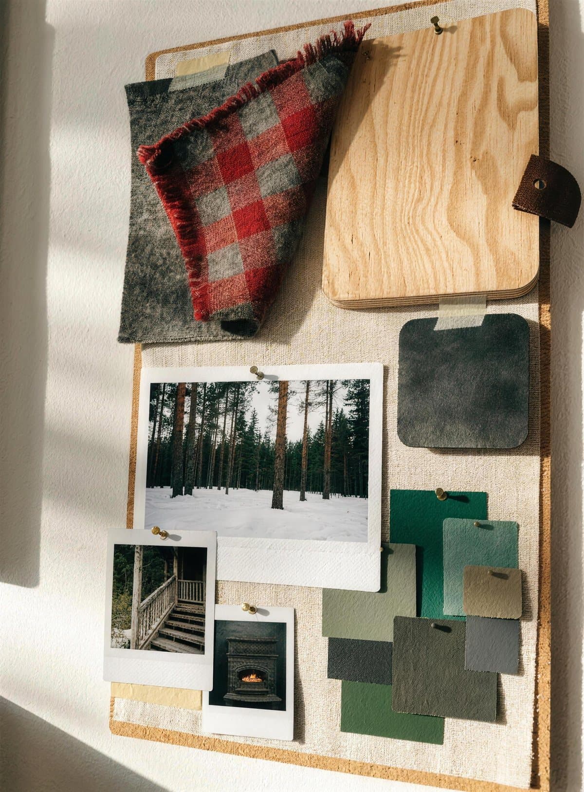 Moodboard för stugby på anslagstavla: rutig ullpläd, björkplywood, svart stål och bilder från vinterskog och stugveranda