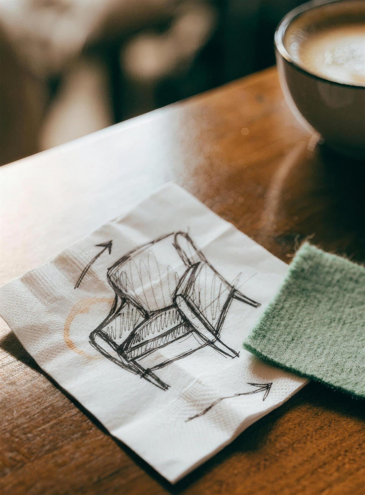 Servett med en skiss av en fåtölj, en kaffering och ett prov av grön ull