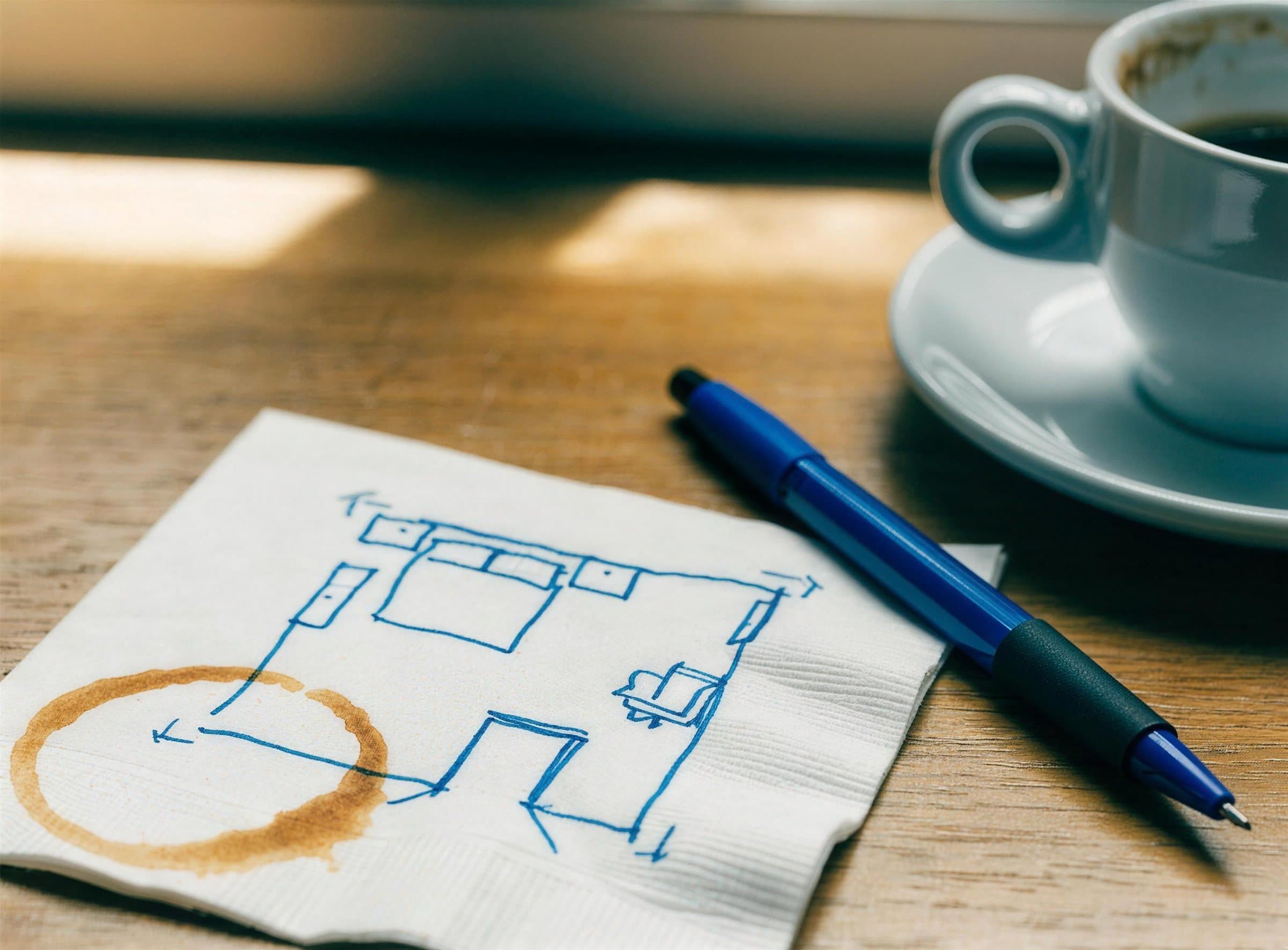Servett med en snabb planskiss av ett hotellrum, bredvid en kaffekopp